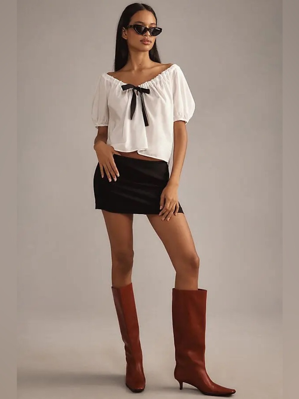 New! Reformation Kenna White Peasant Blouse with Black Bow Tie 🖤 Medium